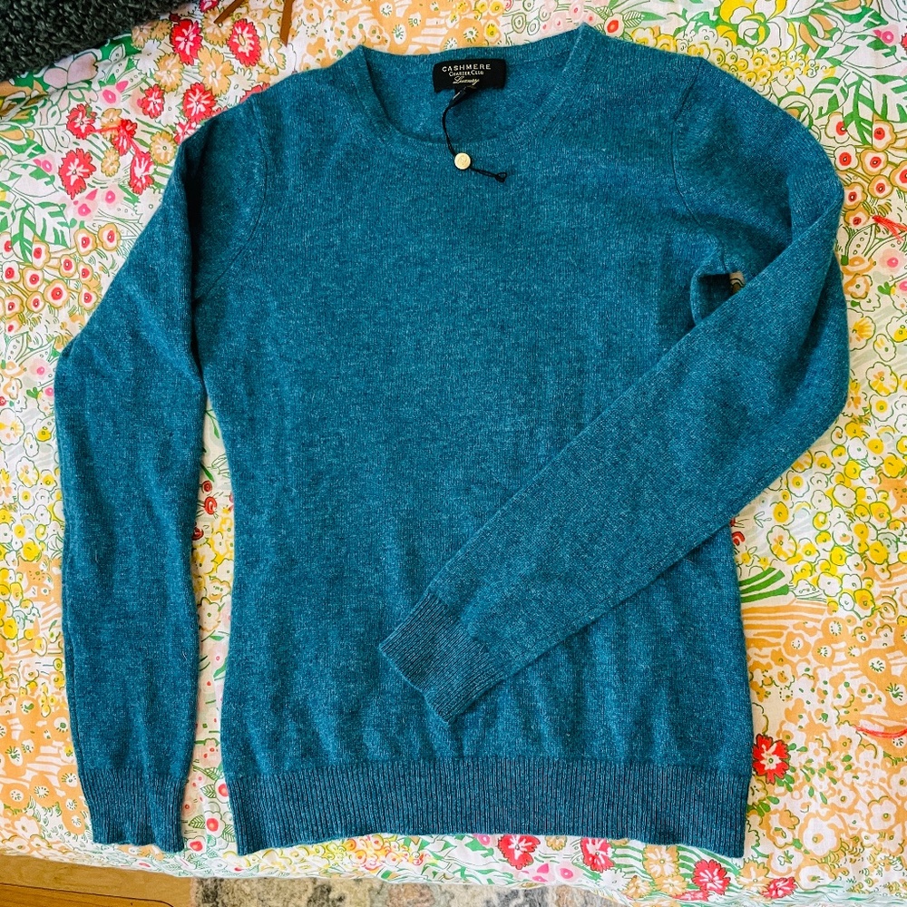 100% Cashmere Crewneck Sweater Teal Blue Petite